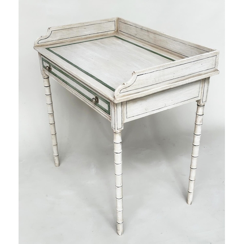 185 - FAUX BAMBOO WRITING TABLE, English early 19th century Regency painted and green, black and white lin... 