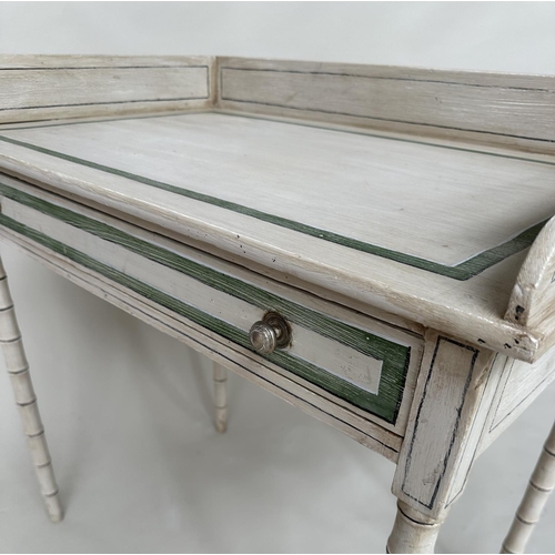 185 - FAUX BAMBOO WRITING TABLE, English early 19th century Regency painted and green, black and white lin... 