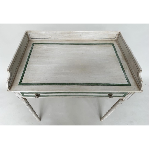 185 - FAUX BAMBOO WRITING TABLE, English early 19th century Regency painted and green, black and white lin... 