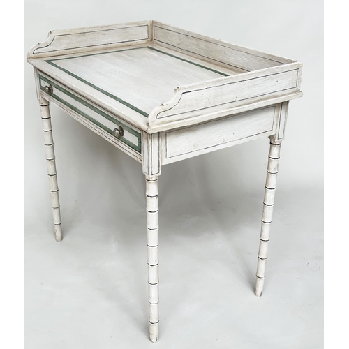 185 - FAUX BAMBOO WRITING TABLE, English early 19th century Regency painted and green, black and white lin... 