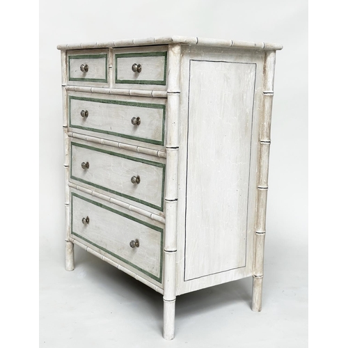 189 - FAUX BAMBOO CHEST, Regency style faux bamboo and green white and black lined with two short and thre... 