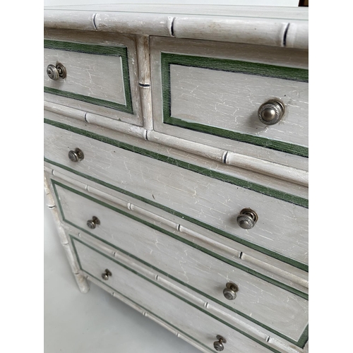 189 - FAUX BAMBOO CHEST, Regency style faux bamboo and green white and black lined with two short and thre... 