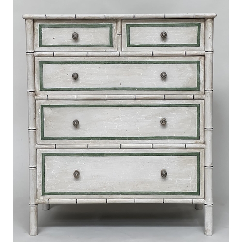 189 - FAUX BAMBOO CHEST, Regency style faux bamboo and green white and black lined with two short and thre... 