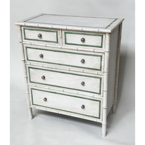 189 - FAUX BAMBOO CHEST, Regency style faux bamboo and green white and black lined with two short and thre... 