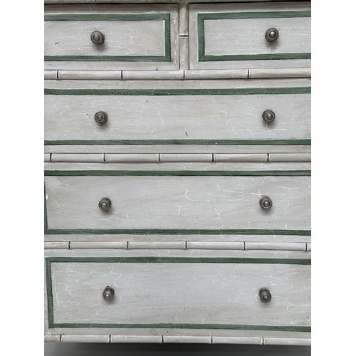 189 - FAUX BAMBOO CHEST, Regency style faux bamboo and green white and black lined with two short and thre... 