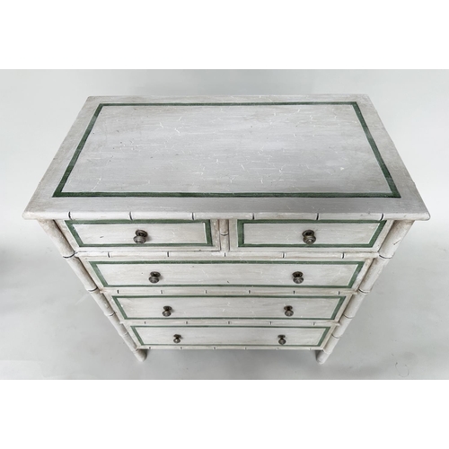 189 - FAUX BAMBOO CHEST, Regency style faux bamboo and green white and black lined with two short and thre... 