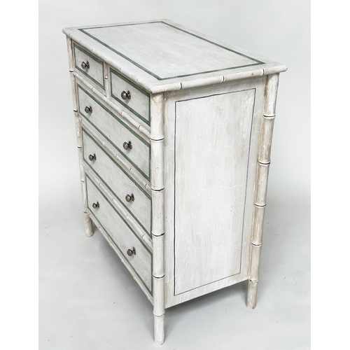 189 - FAUX BAMBOO CHEST, Regency style faux bamboo and green white and black lined with two short and thre... 