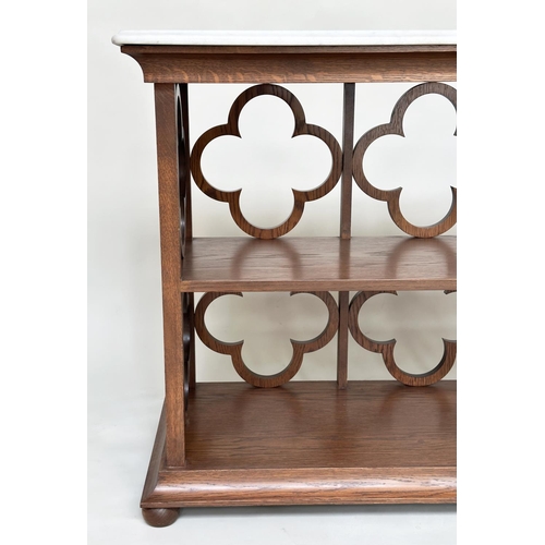 197 - ATTRIBUTED TO WILLIAM YEOWARD OPEN BOOKCASE, oak with quatrefoil trellis back and sides, two shelves... 