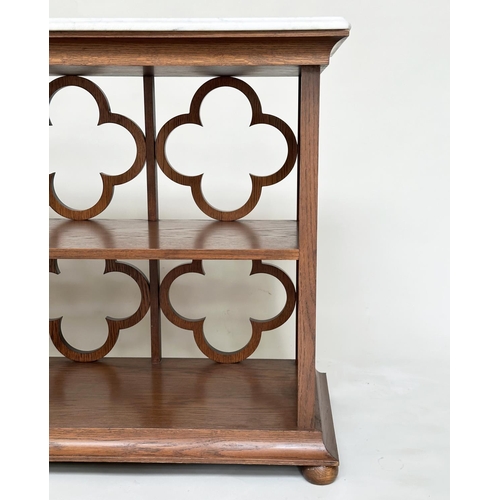 197 - ATTRIBUTED TO WILLIAM YEOWARD OPEN BOOKCASE, oak with quatrefoil trellis back and sides, two shelves... 