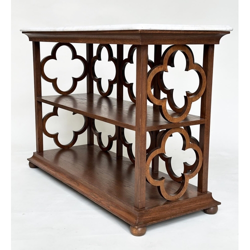 197 - ATTRIBUTED TO WILLIAM YEOWARD OPEN BOOKCASE, oak with quatrefoil trellis back and sides, two shelves... 