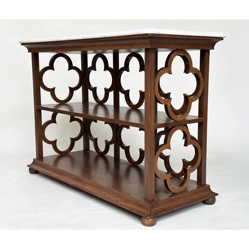 197 - ATTRIBUTED TO WILLIAM YEOWARD OPEN BOOKCASE, oak with quatrefoil trellis back and sides, two shelves... 