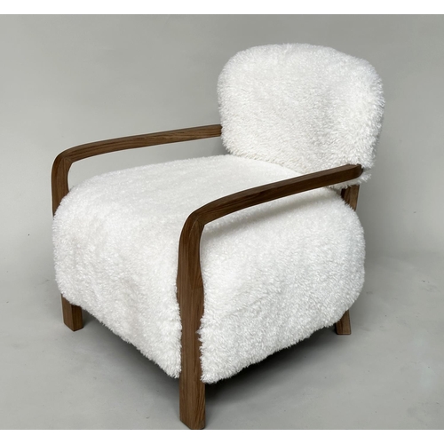 386 - ARMCHAIR, contemporary sheepskin upholstered and teak framed, 62cm W.