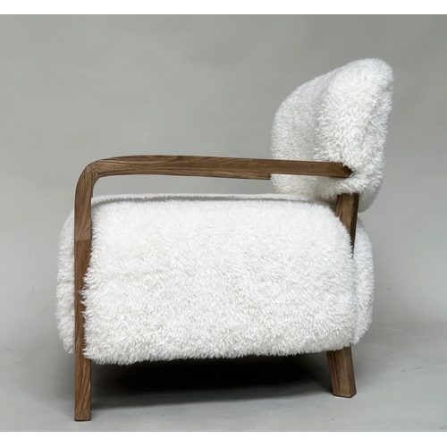 386 - ARMCHAIR, contemporary sheepskin upholstered and teak framed, 62cm W.