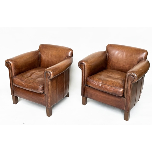 209 - LIBRARY TUB ARMCHAIRS, a pair, club style 'little professor style', hand finished natural antique ta... 