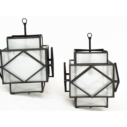 226 - HALL LANTERNS, a pair, Art Deco style iron framed and frosted glass panelled, 60cm H x 52cm W. (2)