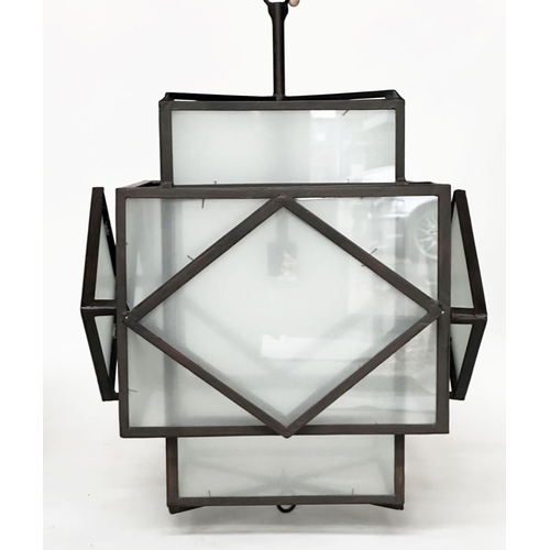 226 - HALL LANTERNS, a pair, Art Deco style iron framed and frosted glass panelled, 60cm H x 52cm W. (2)