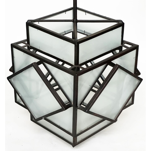 226 - HALL LANTERNS, a pair, Art Deco style iron framed and frosted glass panelled, 60cm H x 52cm W. (2)