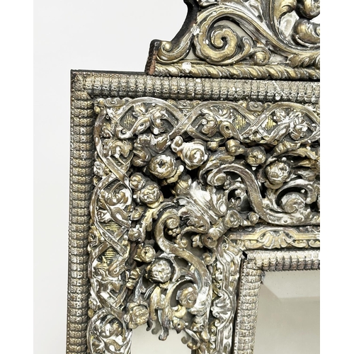 300 - WALL MIRROR, 19th century Dutch repousse silver and ebony rectangular bevelled with marginal plates ... 