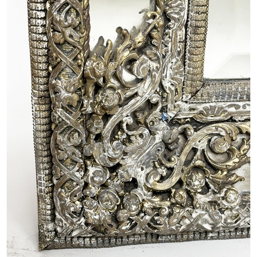 300 - WALL MIRROR, 19th century Dutch repousse silver and ebony rectangular bevelled with marginal plates ... 