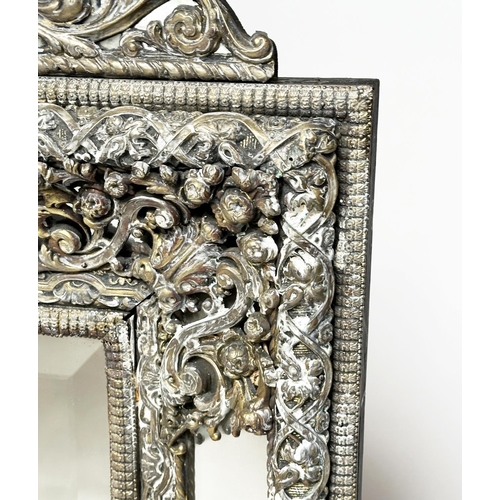 300 - WALL MIRROR, 19th century Dutch repousse silver and ebony rectangular bevelled with marginal plates ... 