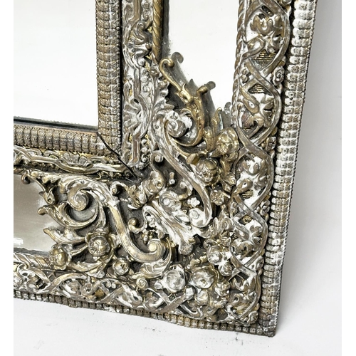 300 - WALL MIRROR, 19th century Dutch repousse silver and ebony rectangular bevelled with marginal plates ... 