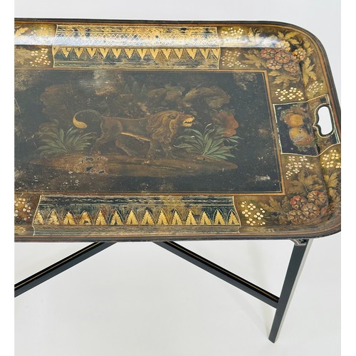 315 - REGENCY TOLEWARE TRAY, Regency gilded and painted rectangular with lion centre landscape on an eboni... 