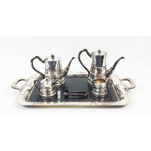 15A - STERLING SILVER TEA/COFFEE SERVICE, bamboo design with matching wooden base tray, approx 50 oz weigh... 