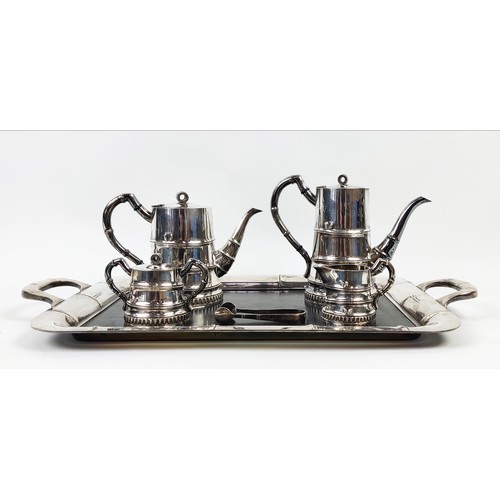 15A - STERLING SILVER TEA/COFFEE SERVICE, bamboo design with matching wooden base tray, approx 50 oz weigh... 