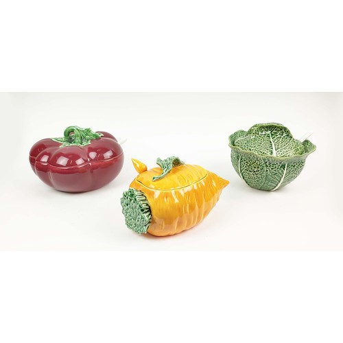 4 - THREE LARGE CERAMIC TUREENS OF FRUIT AND VEGETABLE, in the form of tomato, cabbage and carrot, all w... 