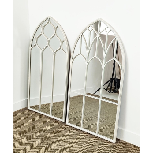 542 - GARDEN WALL MIRRORS, a pair, arched metal frames in white painted finish, 126cm H x 65cm W. (2)