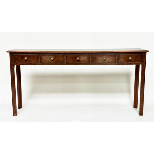 131 - HALL TABLE, George III design burr walnut and crossbanded with five short frieze drawers and inner c... 