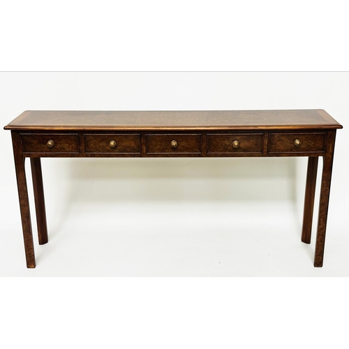 131 - HALL TABLE, George III design burr walnut and crossbanded with five short frieze drawers and inner c... 