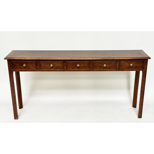 131 - HALL TABLE, George III design burr walnut and crossbanded with five short frieze drawers and inner c... 