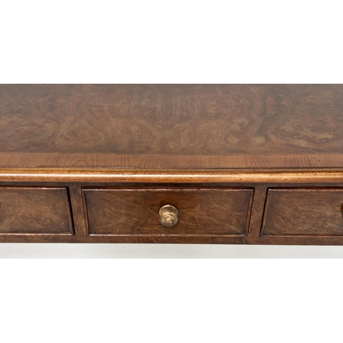 131 - HALL TABLE, George III design burr walnut and crossbanded with five short frieze drawers and inner c... 