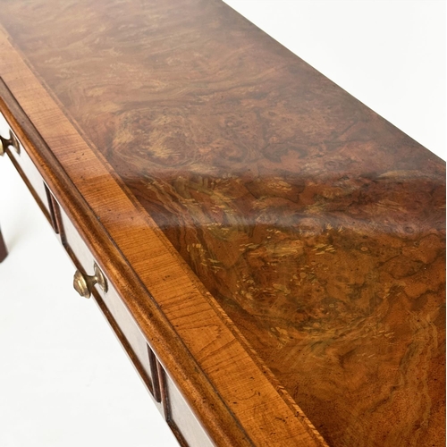 131 - HALL TABLE, George III design burr walnut and crossbanded with five short frieze drawers and inner c... 