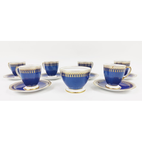 11 - PART COFFEE SET, Spode Copeland Ryde gilt tassels on blue ground, comprising six cups and saucers an... 