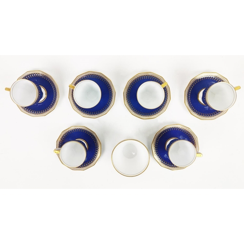 11 - PART COFFEE SET, Spode Copeland Ryde gilt tassels on blue ground, comprising six cups and saucers an... 