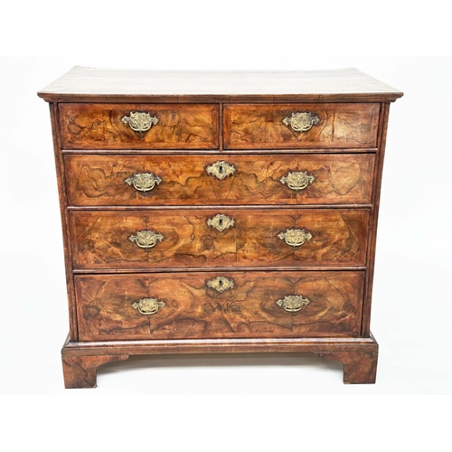 129 - CHEST, early 18th century English Queen Anne figured walnut and crossbanded with two short and three... 