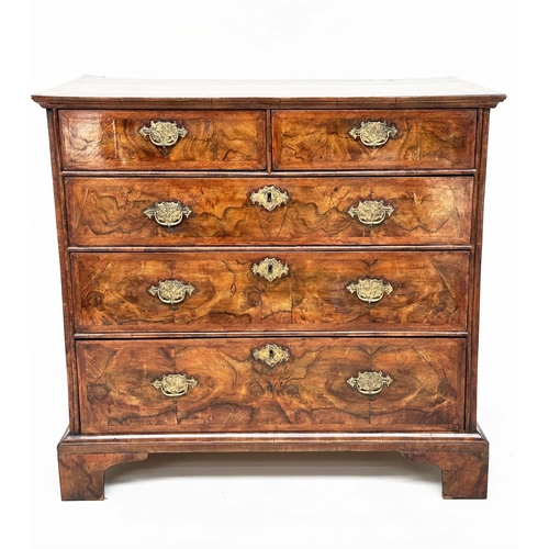 129 - CHEST, early 18th century English Queen Anne figured walnut and crossbanded with two short and three... 