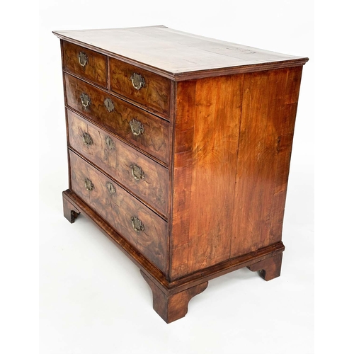 129 - CHEST, early 18th century English Queen Anne figured walnut and crossbanded with two short and three... 