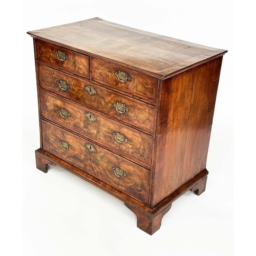 129 - CHEST, early 18th century English Queen Anne figured walnut and crossbanded with two short and three... 