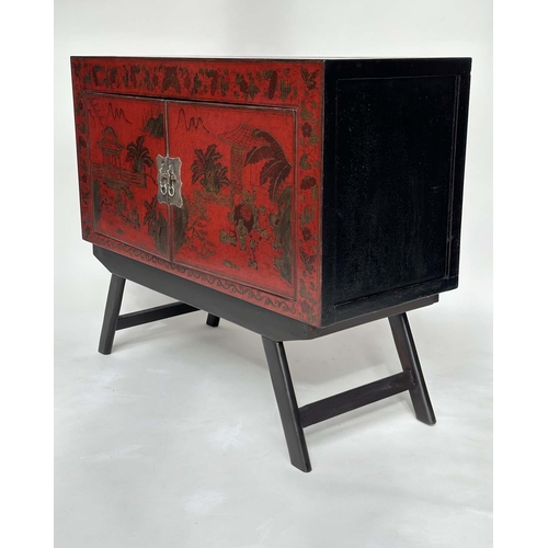 135 - CHINESE CABINET ON STAND, 19th century Chinese scarlet lacquered and silvered metal mounted with two... 