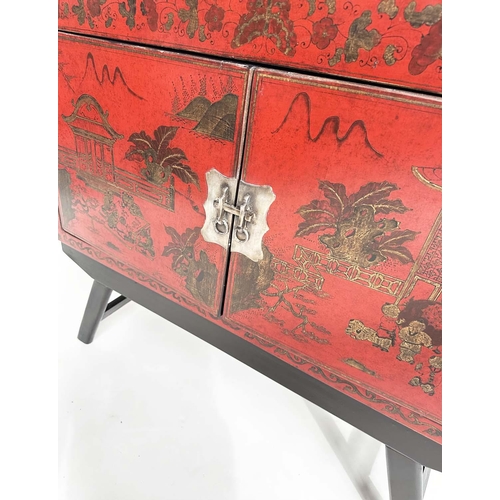 135 - CHINESE CABINET ON STAND, 19th century Chinese scarlet lacquered and silvered metal mounted with two... 