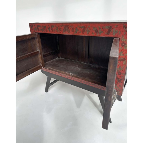 135 - CHINESE CABINET ON STAND, 19th century Chinese scarlet lacquered and silvered metal mounted with two... 