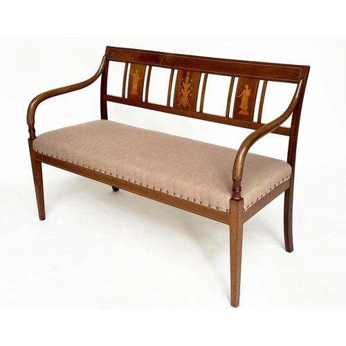 138 - HALL BENCH, Edwardian mahogany and satinwood inlaid with newly upholstered and studded linen seat, 1... 