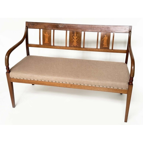 138 - HALL BENCH, Edwardian mahogany and satinwood inlaid with newly upholstered and studded linen seat, 1... 