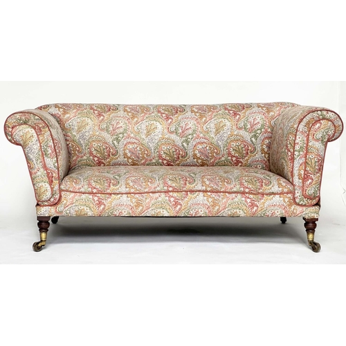 140 - SOFA, 19th century Victorian with Liberty of London, paisley upholstery with twin drop arms and turn... 