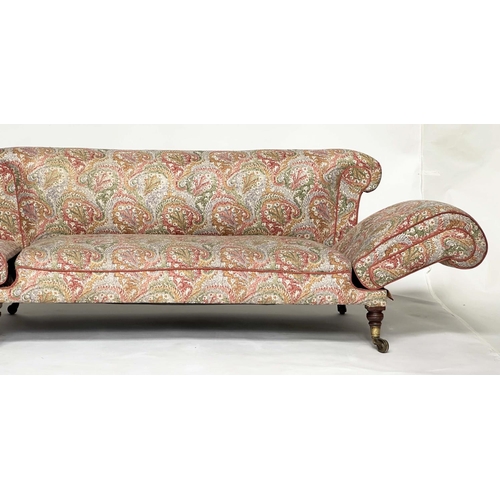 140 - SOFA, 19th century Victorian with Liberty of London, paisley upholstery with twin drop arms and turn... 