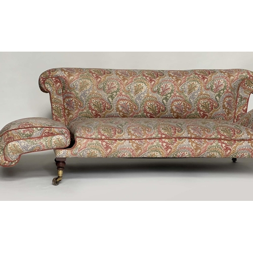 140 - SOFA, 19th century Victorian with Liberty of London, paisley upholstery with twin drop arms and turn... 