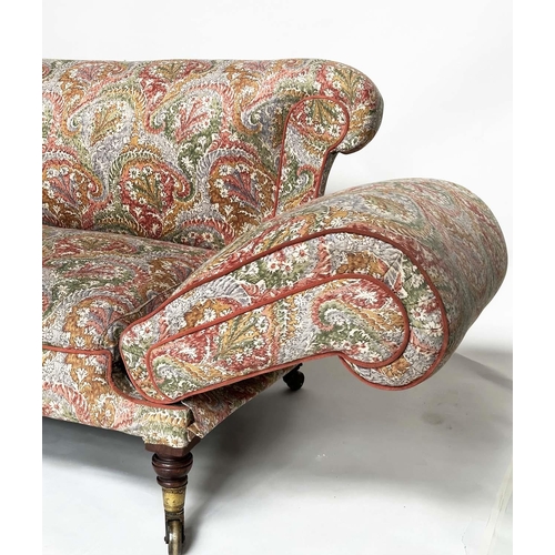 140 - SOFA, 19th century Victorian with Liberty of London, paisley upholstery with twin drop arms and turn... 